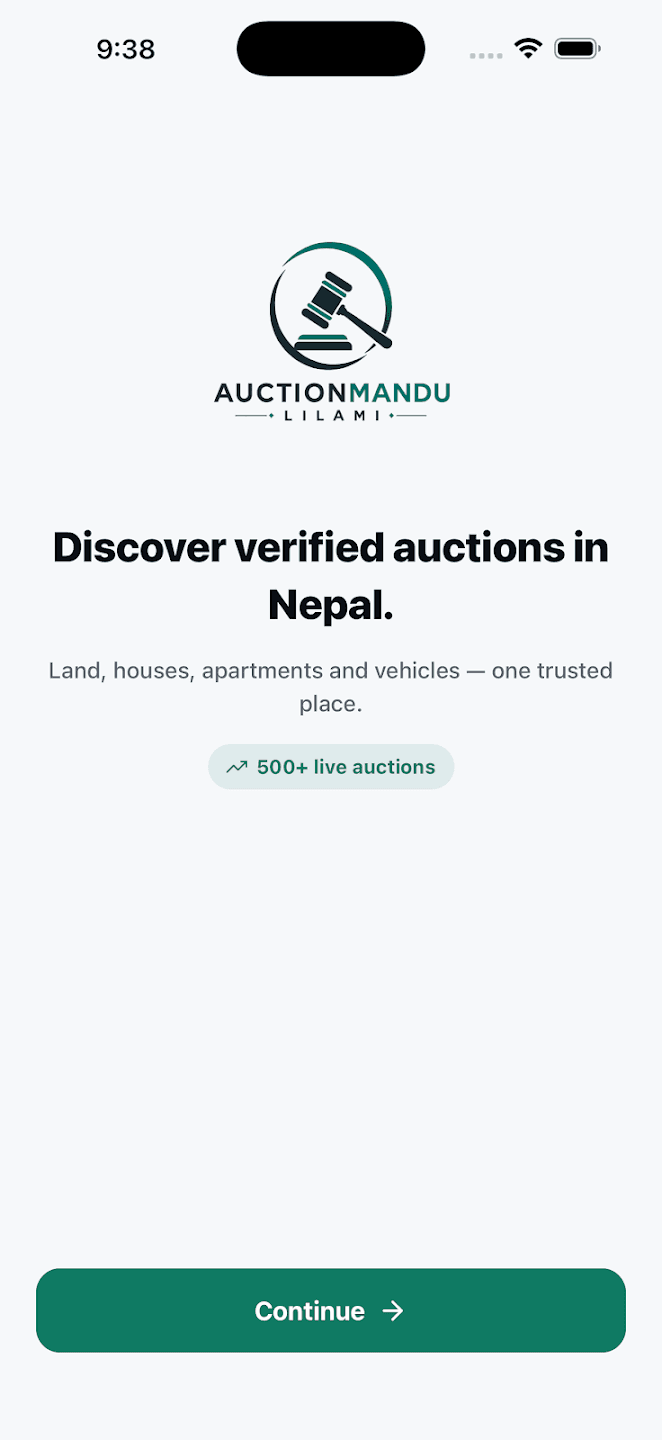 AuctionMandu app screenshot: Welcome. Open the app to hundreds of live bank auctions from across Nepal. No account needed to start browsing.