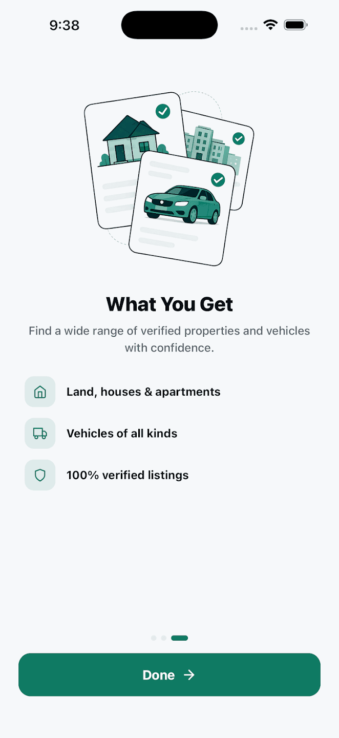 AuctionMandu app screenshot: What you get. Land, houses, apartments and vehicles from licensed banks, with every listing verified before it goes live.