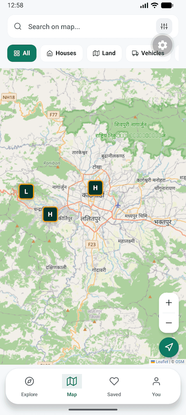 AuctionMandu app screenshot: Search on the map. Pan around Kathmandu Valley or anywhere else in Nepal and tap a marker to open the listing.