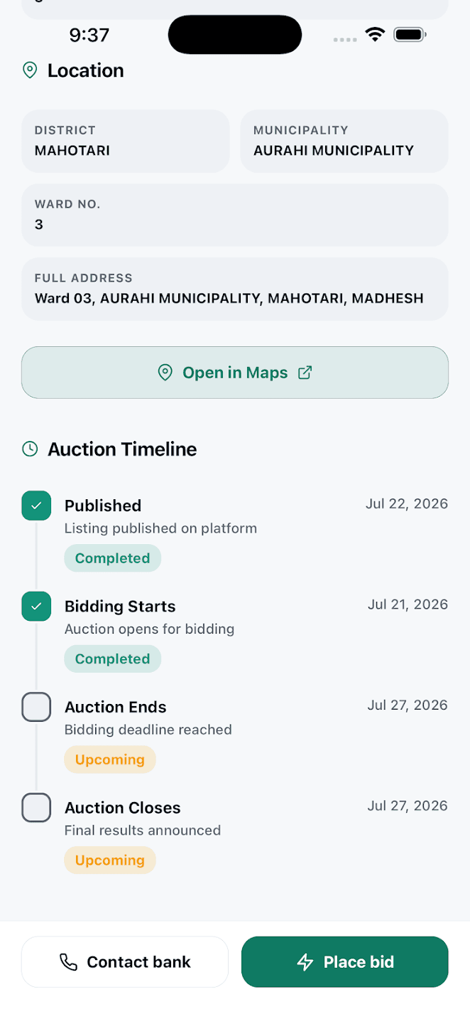 AuctionMandu app screenshot: Full auction detail. Exact location, the full auction timeline and a direct line to the bank on every listing.
