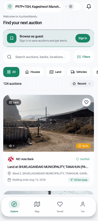 AuctionMandu app screenshot: Listings near you. Set your location and every result shows how far away it is, so you can shortlist what is worth a visit.